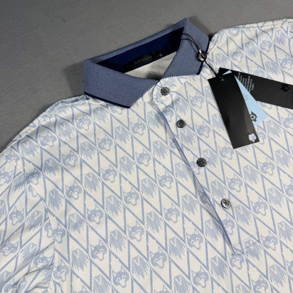 Greyson Onota Polo Mens Medium Heron Blue Wolf Print Golf Shirt NWT MSP25K39